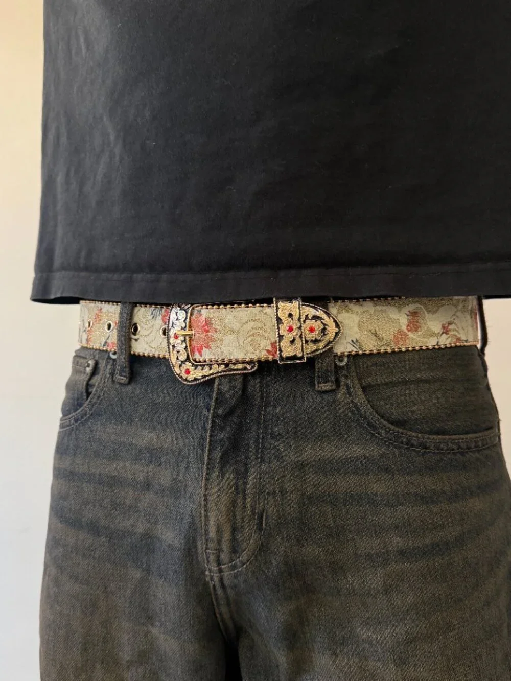 Beige Floral Tapestry Red Stone Western Belt